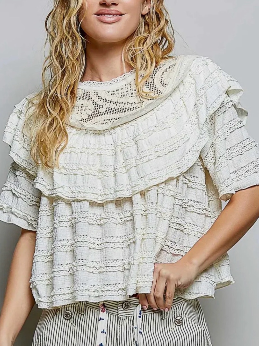 POL Cream Ruffled Crochet Blouse